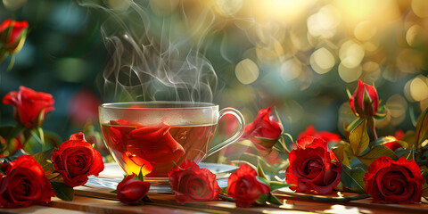 Tea in a transparent cup, color candies and a red rose on dark. Tea day a cup of hot black tea among roses banner free space High quality. 

