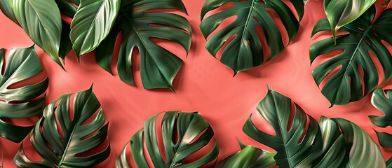 Tropical leaves, large and small monstera. On a pink or coral colored background and blank space or copy space on the side.