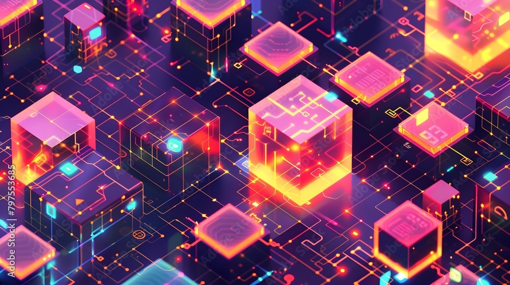 Poster decentralized blockchain network with nodes and transactions in vibrant illustrative aesthetic