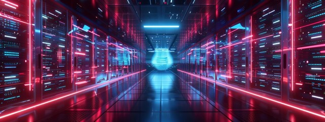 Fototapeta na wymiar A futuristic data center with sleek, glowing server racks and holographic displays showcasing real-time data analysis. 8k, ultra details.