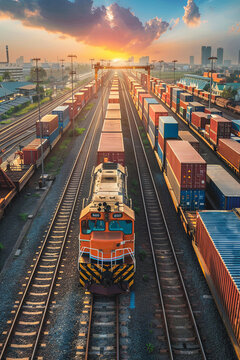 Global business of Container Cargo freight train for Business logistics concept, Air cargo trucking, Rail transportation and maritime shipping
