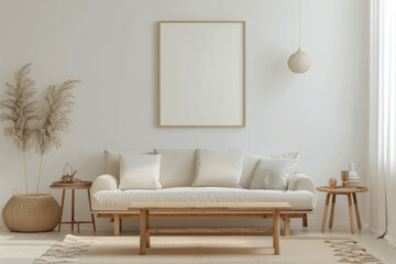 Minimalist Scandinavian living room with white sofa, coffee table, flower vase and empty framed posters on the wall, with a neutral color palette