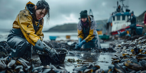 Two women in waterproof clothes working sorting mussels on a rainy day - Powered by Adobe