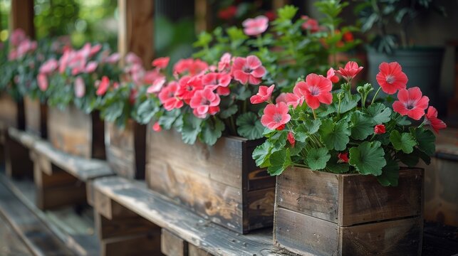 In the garden, large pelargonium zonale flowers grow in wooden boxes near a wooden fence. This image is a selective focus.