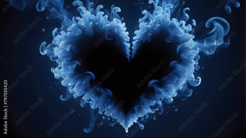 Poster Blue smoke forming a heart shape on a dark blue background. AI.