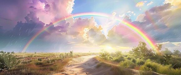 A fleeting glimpse of a rainbow's arc, a technicolor bridge between earth and sky. - obrazy, fototapety, plakaty