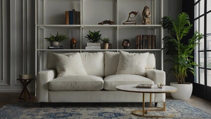 modern living room with sofa,Decorative living room modern style interior concept with grey sofa white bookshelf and frame.
