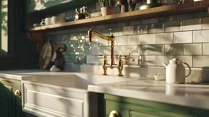 A Kitchen Faucet Showcased in a Warm Cozy Green Kitchen

