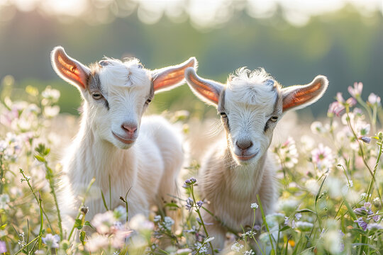 Two little funny baby goats playing in the field with flowers. Farm animals
