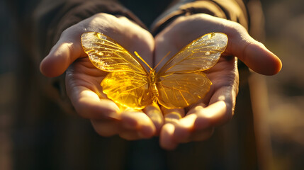 An individual is clutching a butterfly icon made of golden glass. 