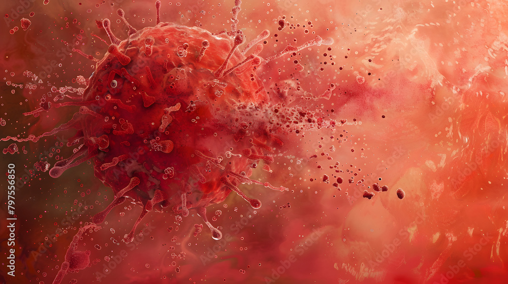 Poster an intimate look at bacterial cell formations on a red canvas. with a cluster of cells in the core a