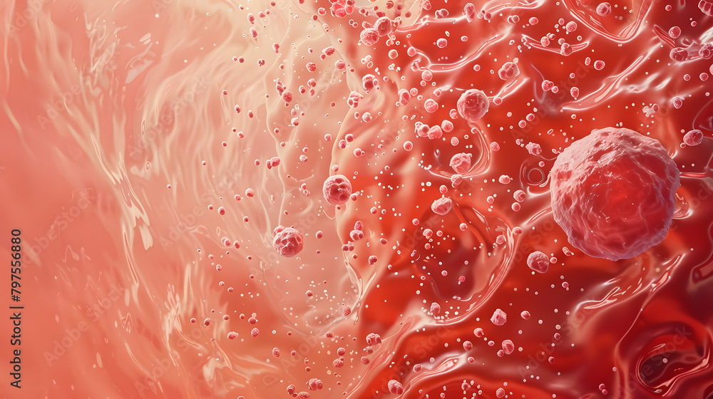 Poster an intimate look at bacterial cell formations on a red canvas. with a cluster of cells in the core a