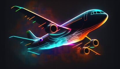 futuristic airplane with sleek lines and colorful lights, set against a dark, abstract background, abstract neon design of a glowing