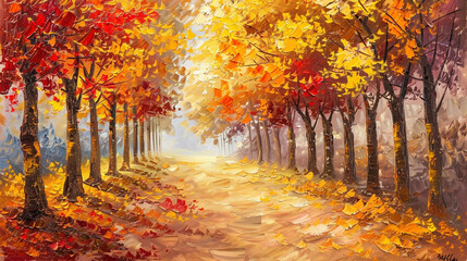 Vibrant portrayal of a maple tree alley in autumn, oil painted with a path lined by golden and red leaves.