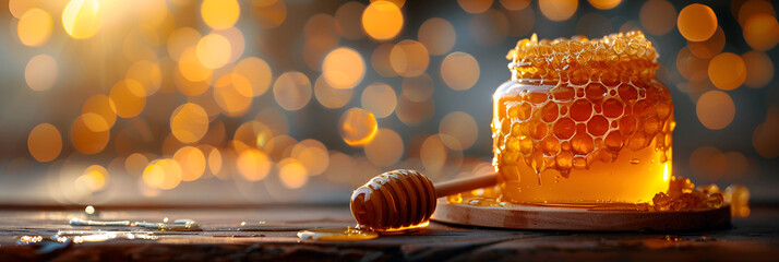 International Honey Day World Bee Day glass jar,
Delicious honey, pieces of combs and honey dipper
 - obrazy, fototapety, plakaty