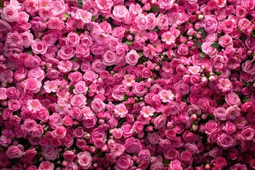 Pink flowers scattered on the ground, creating a colorful display - obrazy, fototapety, plakaty