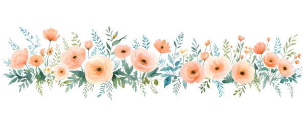 Watercolor summer wildflowers on a transparent background. Botanical leaves