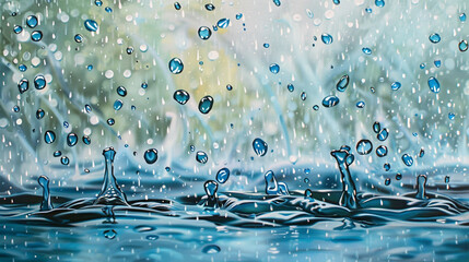 Creative expression in oil of rain droplets on a subtle background, using shades of blue for realism.
