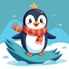 Naklejka premium cute penguin sliding on snow 