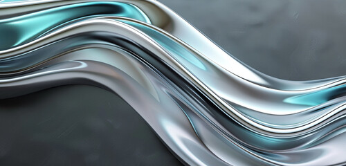 3D futuristic waves in metallic silver and icy blue over charcoal.