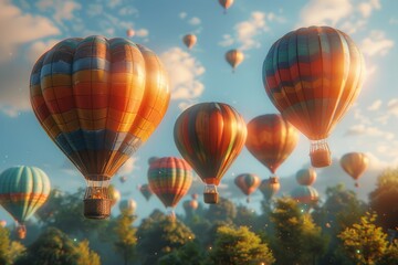 colorful Uplifting 3D animation of vibrant hot air balloons rising in a clear, blue sky 