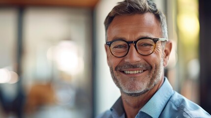 Fototapeta premium Smiling 45 years old banker, happy middle aged business man bank manager, mid adult professional businessman ceo executive in office, older mature entrepreneur wearing glasses, Generative Ai