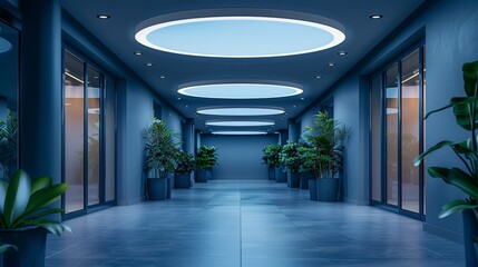 Suspended fluorescent lights under the ceiling, modern round LED lamps. Carefully monitored energy consumption. Copy area.