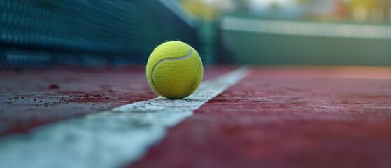 A tennis ball is sitting on a tennis court