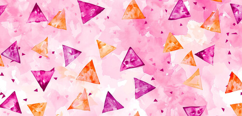 Fototapeta na wymiar Whimsical watercolor: magenta and tangerine triangles on a pink canvas.
