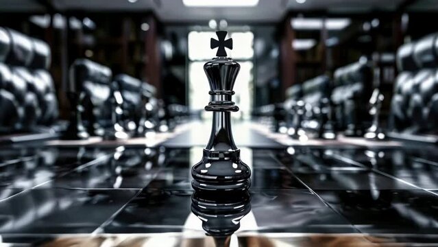 A black chess piece is on a black chess board