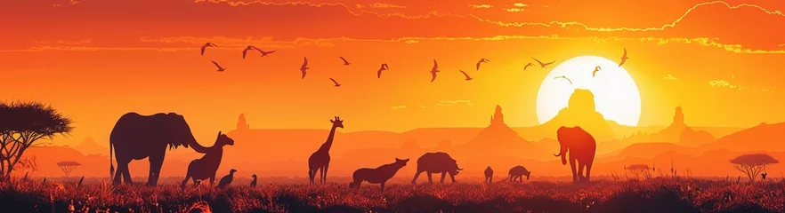Fototapete Rund Tiefes Orange African Wild Animals Silhouettes Against A Sunset. Africa day. World Wildlife Day. World Animal Day. Copy Space  © Otseira