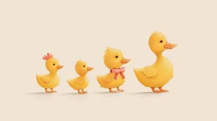 A cartoon family of ducks with the mother duck and four ducklings waddling in a row.