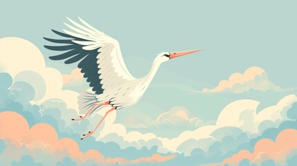 A stork is flying in the blue and cloudy sky.