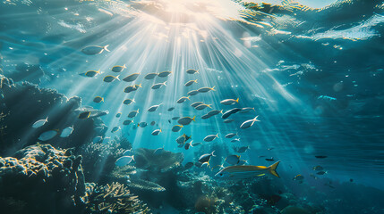 An underwater scene of a school of fish swimming in the ocean. with sunlight filtering through the water