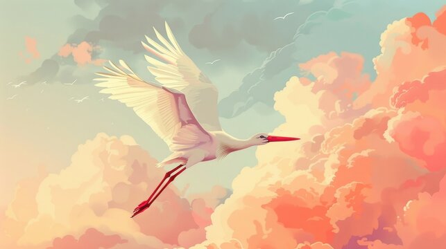 A stork is flying in a gradient of blue and pink cloudy sky.