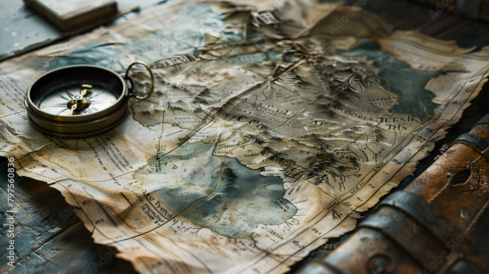 Poster an unfolded map with a portion highlighting a creative design of a compass.