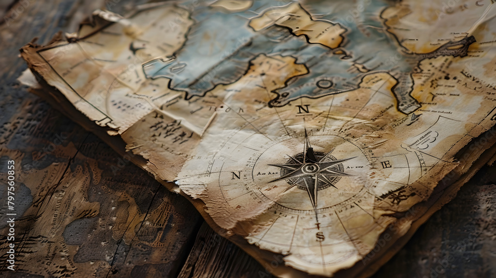 Poster an unfolded map with a portion highlighting a creative design of a compass.