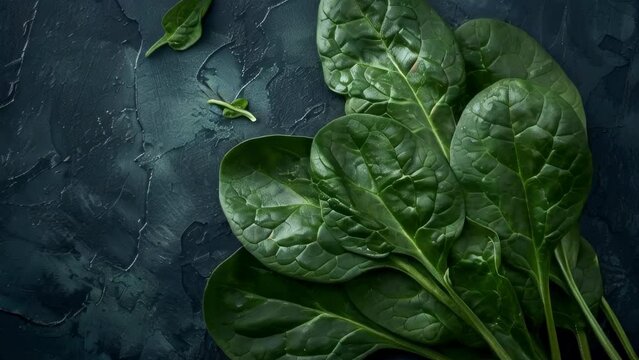 A bunch of green spinach leaves on a dark blue background