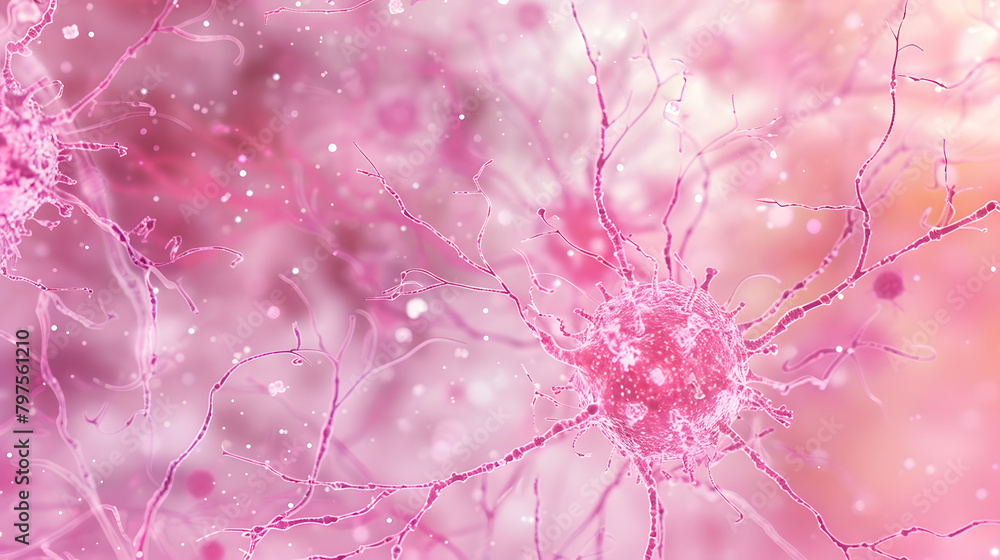 Poster an up-close observation of neuronal cell patterns against a pink background. with a number of cells 