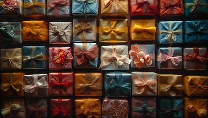 An artful display of colorful wrapped gifts with bows on the wall