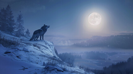 A lone wolf howling at the moon from atop a serene, snowy hillside.  - obrazy, fototapety, plakaty