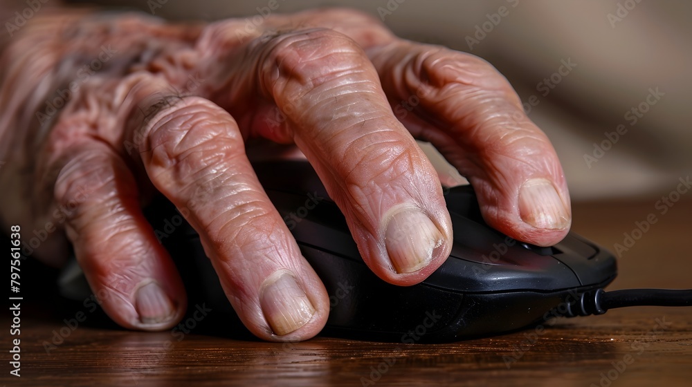 Poster painful hand interacting with computer mouse conveying discomfort and strain from repetitive use