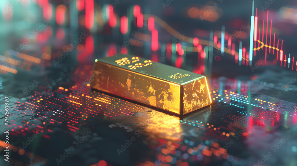 Poster artwork of a gold bar and profit line graphs with a bullion market setting. high-detail photo. intri