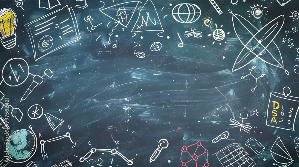 Poster back to school background with a chalkboard and doodles of math symbols and icons for online educati
