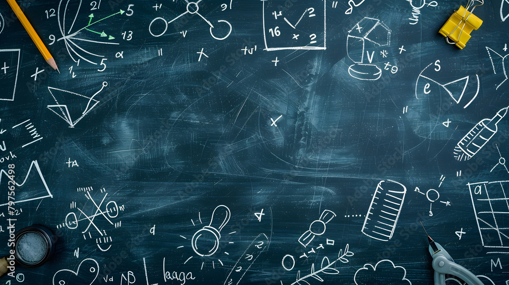Poster back to school background with a chalkboard and doodles of math symbols and icons for online educati