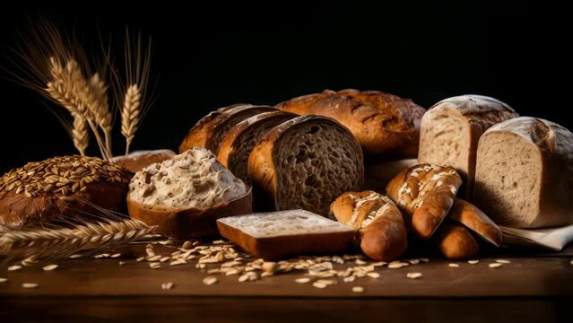 A table with a variety of breads and grains, including wheat, oatmeal, and rye