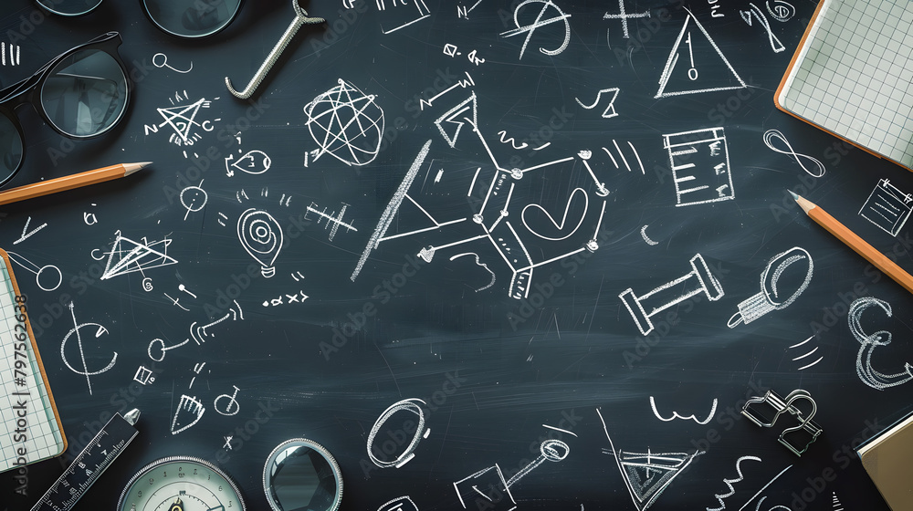 Poster back-to-school theme with a chalkboard surface and doodles of mathematical symbols and icons. suitab
