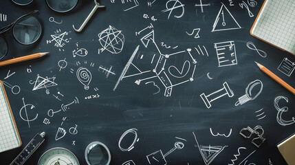 Back-to-school theme with a chalkboard surface and doodles of mathematical symbols and icons. suitable for online teaching or classroom composition concepts