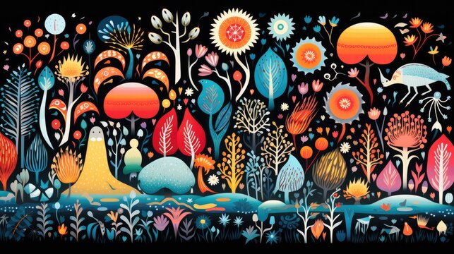 A image featuring a colorful circular composition of animals, flowers, and small shapes in the style of irregular organic forms inspired by the traditional oceanic art, AI Generative