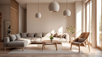  Modern interior Japanese style design Livingroom. Lighting and sunny Scandinavian apartment with plaster and wood. 3d render illustration. 